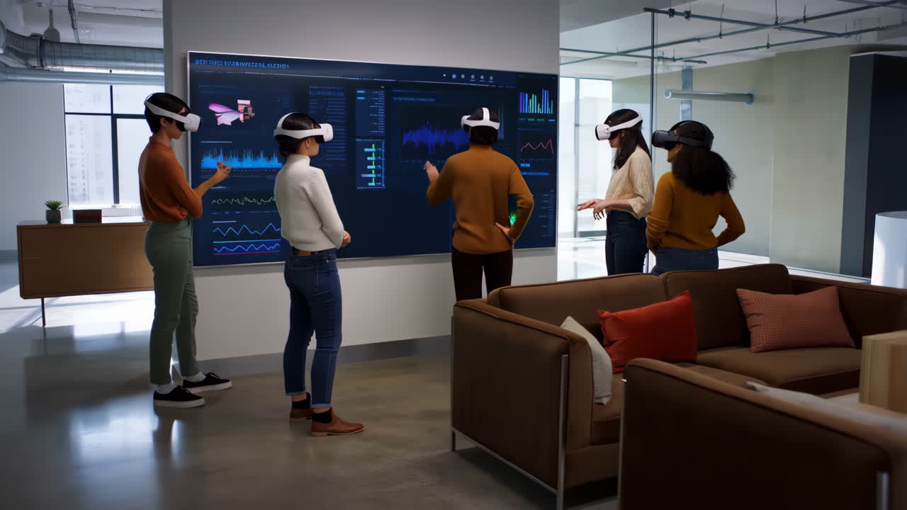 Group using VR headsets for data analysis