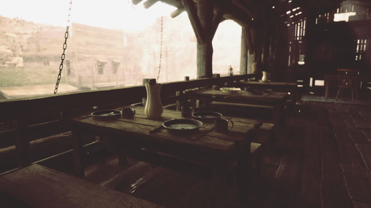 Historic interior of wooden dining hall during early morning hours