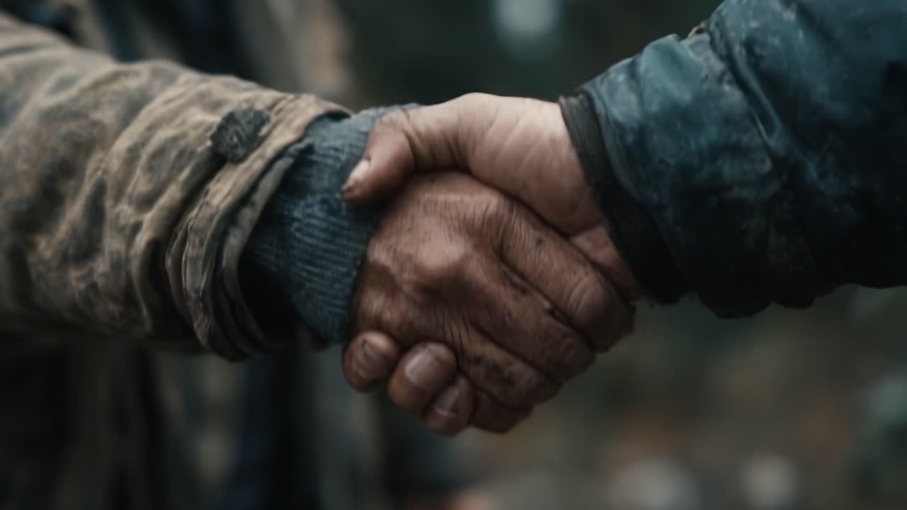 A powerful handshake symbolizes trust and solidarity between two individuals, bridging differences and fostering a sense of unity in a challenging environment
