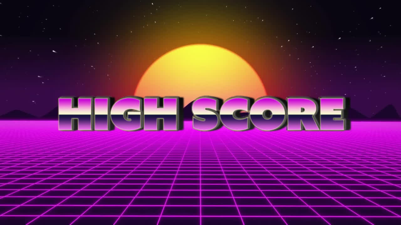 animación de iconos de juegos y texto de puntuación alta sobre sol digital