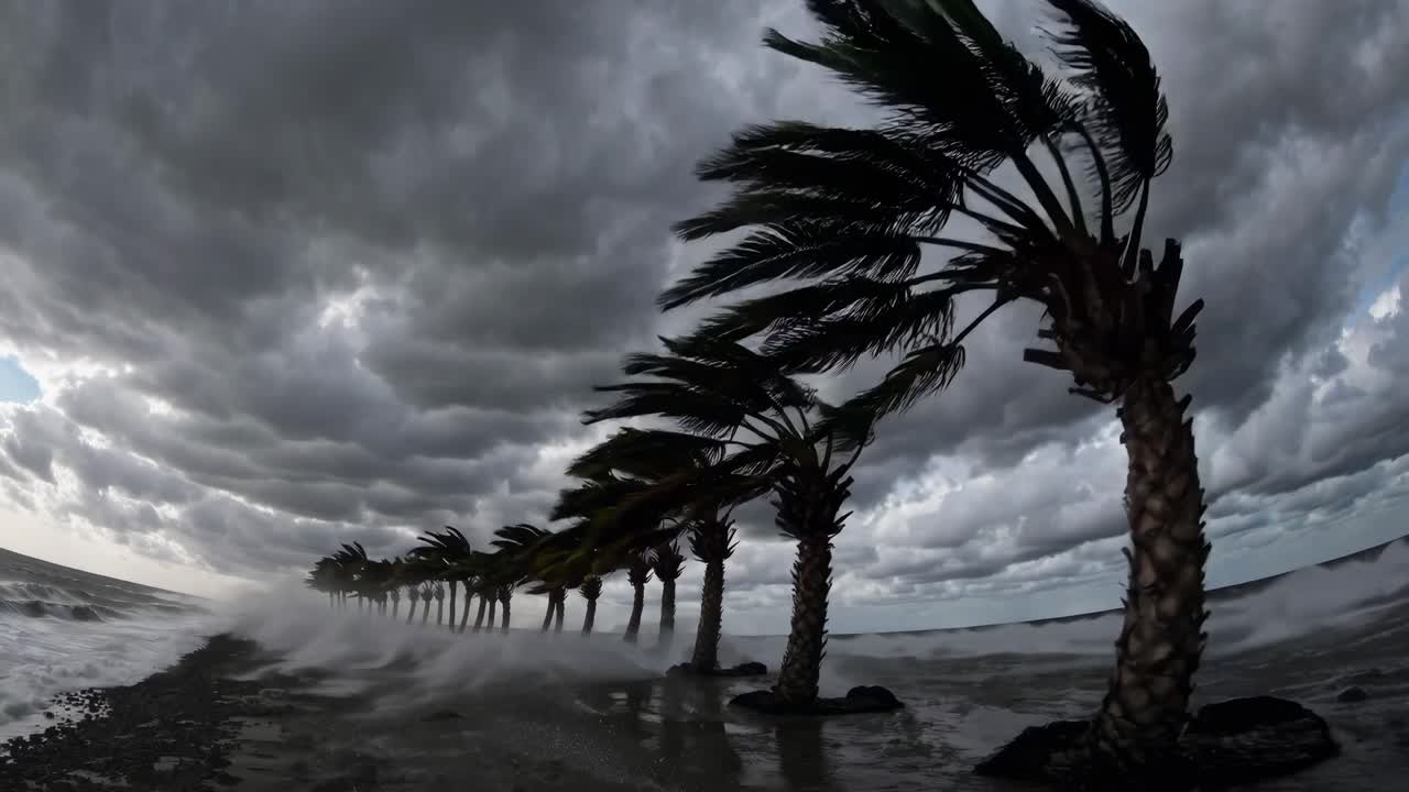Dramatic low-angle video shot of windswept palm trees along a stormy coastline
