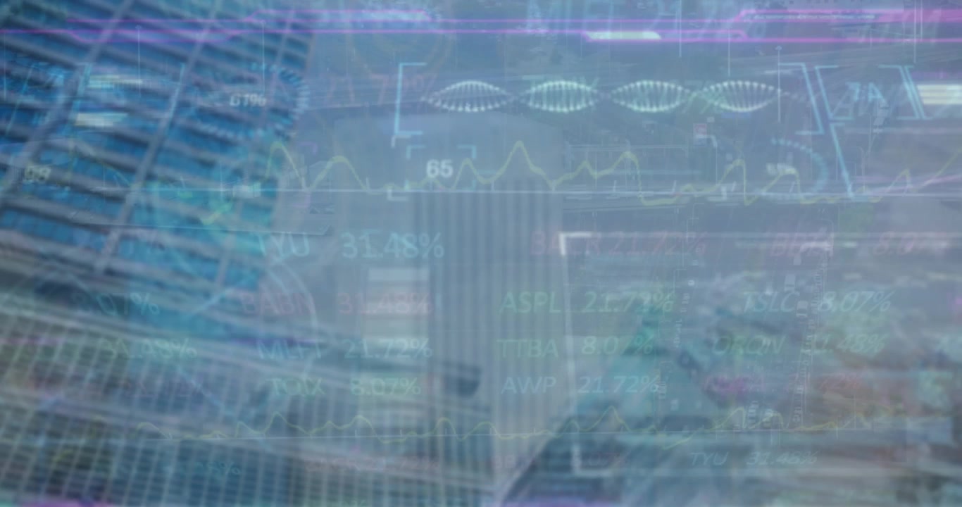 Animation of financial data processing over cityscape