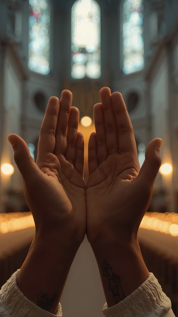 Vertical video: Holding cupped hands in church as altar light rises, palms lowering, wrist tattoo
