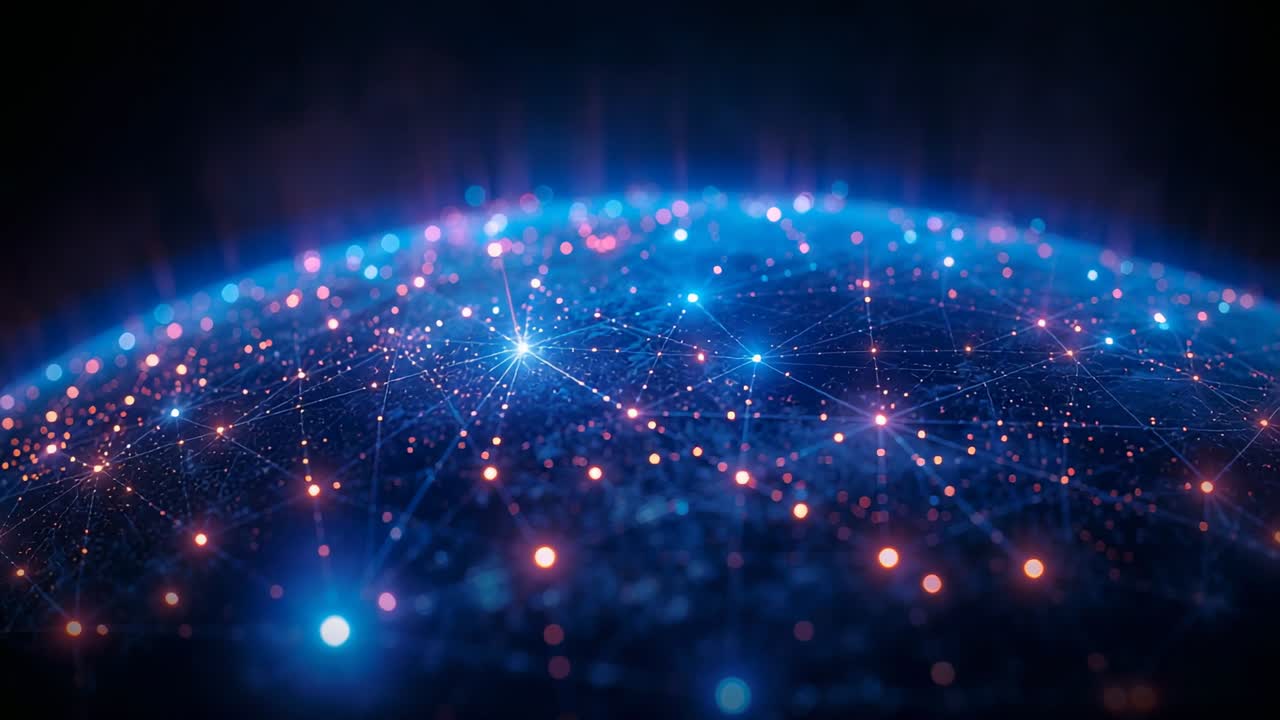 Emerging dome-shaped network grid pulsing with glowing nodes and moving data in dark virtual space