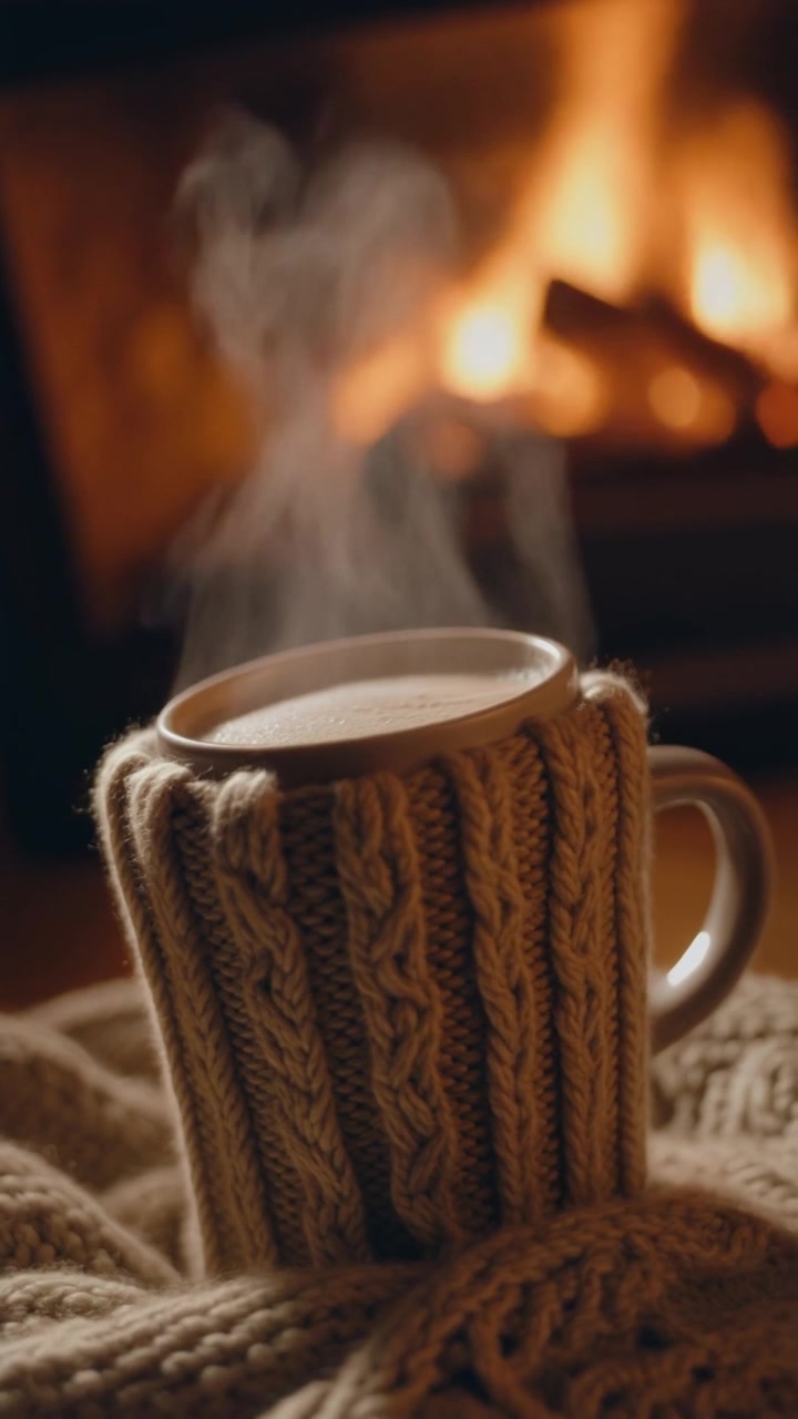 Steaming Mug of Hot Beverage by a Cozy Fireplace