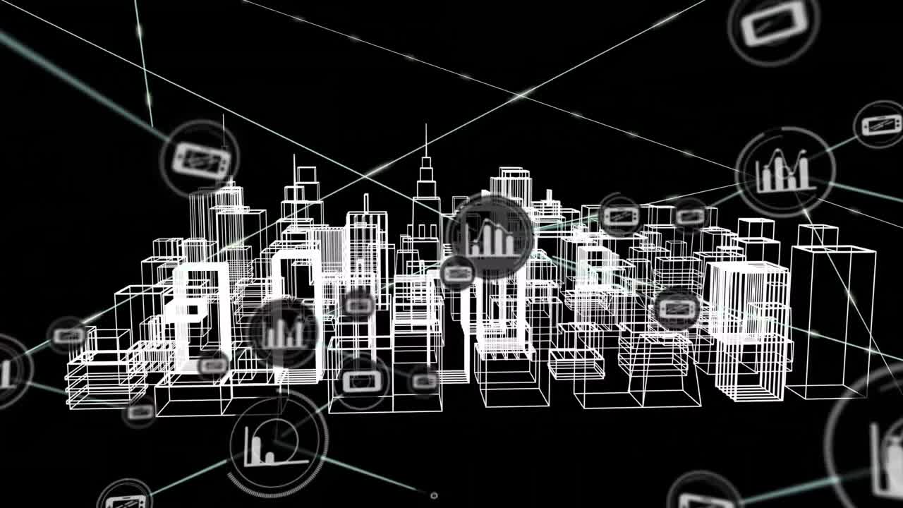 Animation of network of connections with icons over 3d city drawing on black background