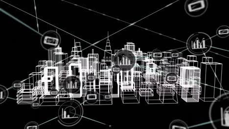 Animation-of-network-of-connections-with-icons-over-3d-city-drawing-on-black-background