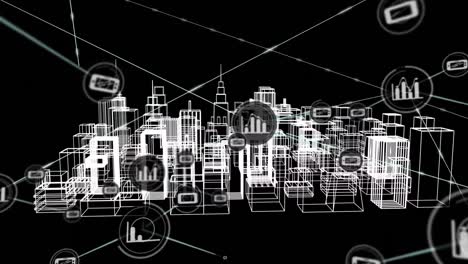 animación de la red de conexiones con iconos sobre el dibujo de la ciudad en 3d sobre fondo negro