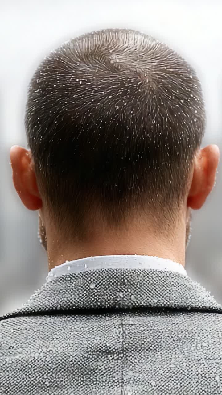 A Close-Up of the Back of a Man's Head with Moisture Droplets, Capturing Texture and Detail Against a Softly Blurred Background