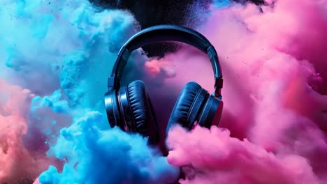 a pair of headphones is sitting in a cloud of pink and blue smoke. the headphones are surrounded by a colorful explosion of smoke, creating a vibrant and energetic atmosphere