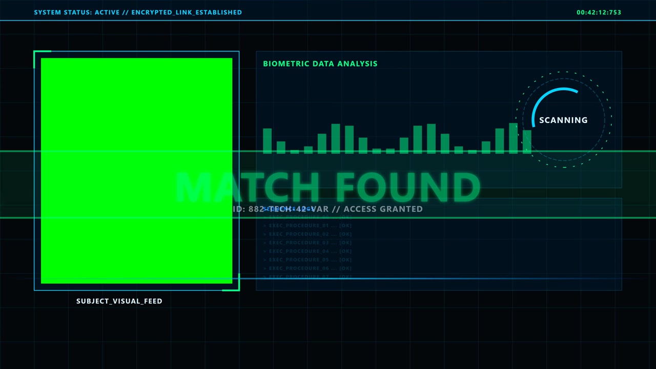 Futuristic Biometric Data Analysis Interface with Match Found Notification