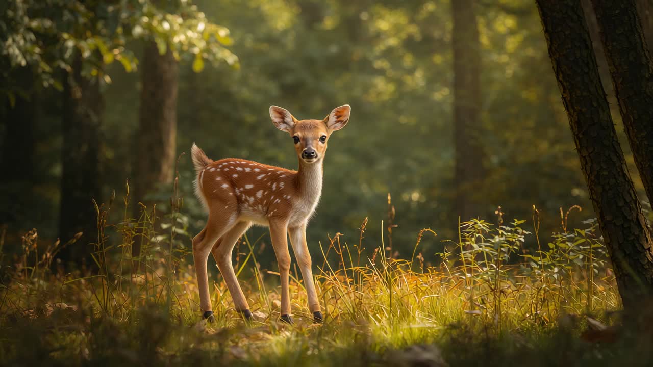 Noticing distant sounds, spotted fawn lowering head and grazing grasses to eat in forest clearing