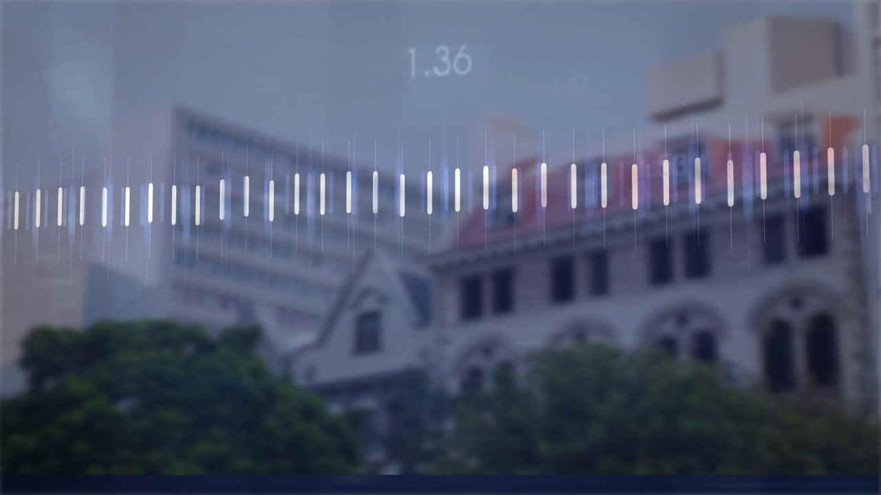 Audio waveform animation over blurred city buildings and trees in background
