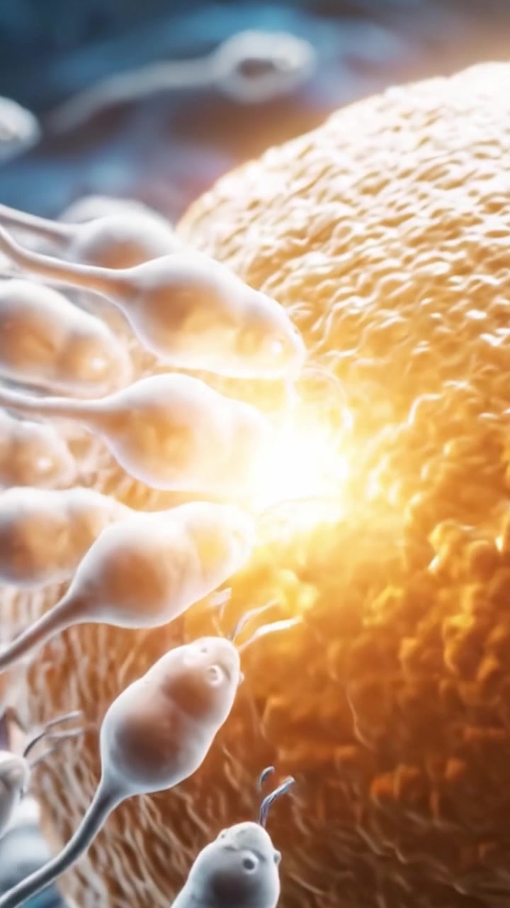 Una rappresentazione visiva ravvicinata di spermatozoi che si avvicinano a un ovulo, catturando gli intricati dettagli della vita cellulare e il processo di fecondazione con una chiarezza sorprendente.