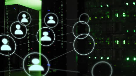 animación de la red de iconos de usuarios conectados en el fondo de la sala del servidor