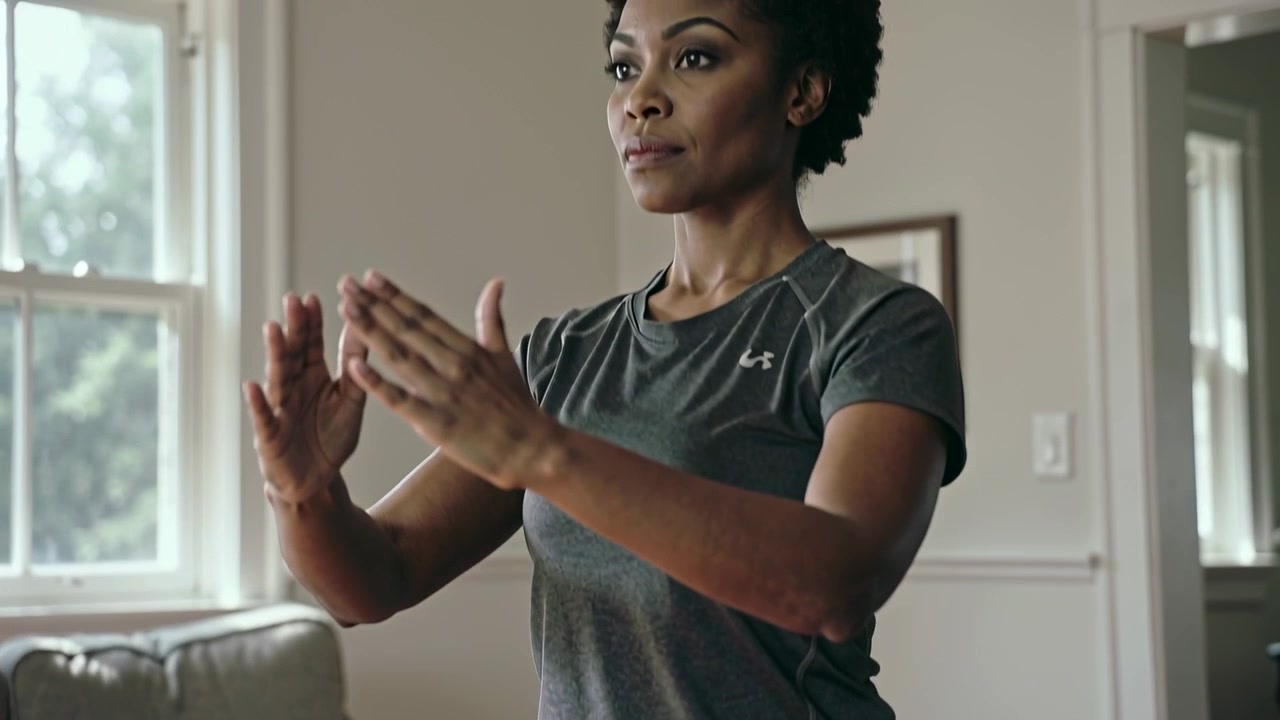 Starting woman in grey activewear performing squats, pressing palms on mat at home for fitness
