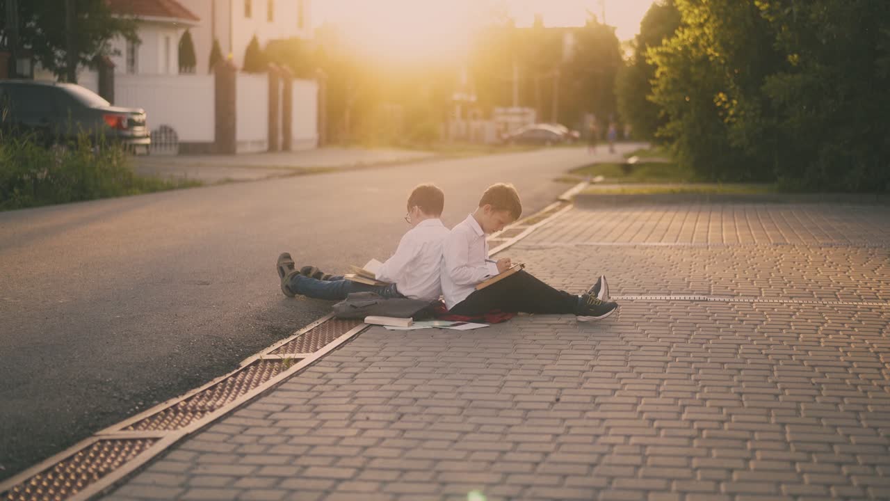 학생 들 은 밝은 저녁 태양 빛 에 대항 하여 책 을 읽는다