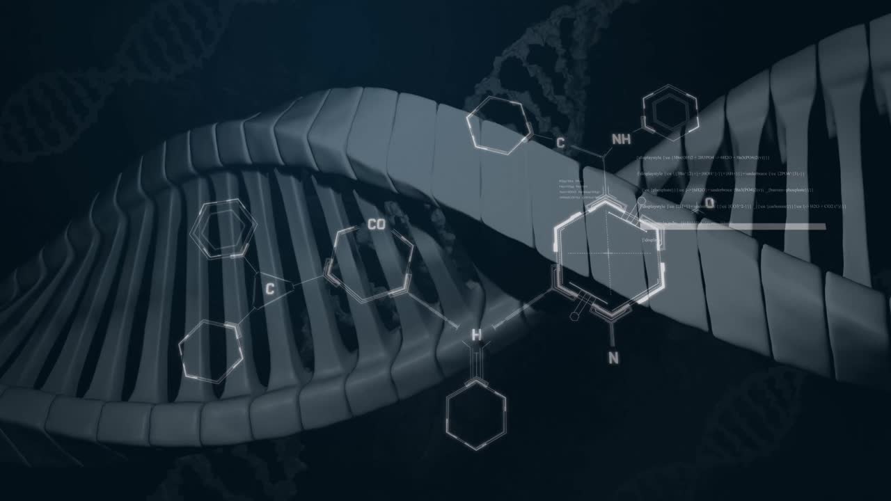 Animation of chemical structures over dna strand spinning on black background
