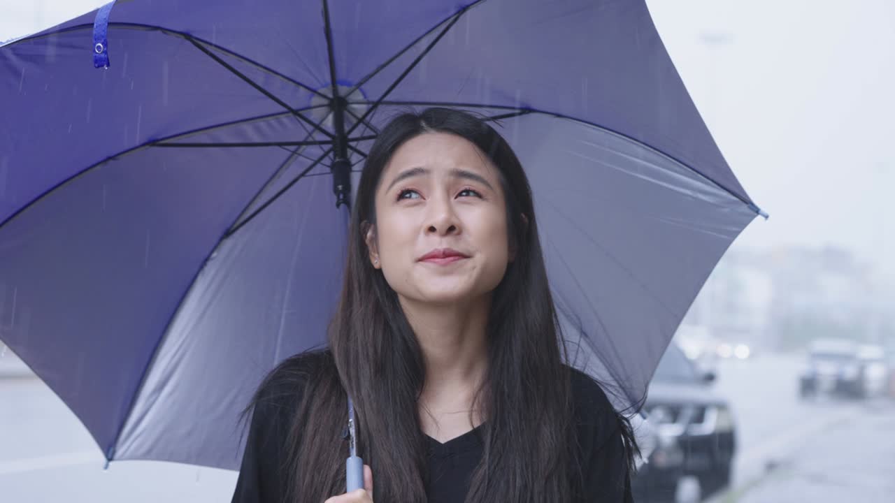 young pretty asian Woman holding blue umbrella walking along the street side path, on the hard raining day, car parked on the roadside, pouring rain, stormy weather, struggling of transportation
