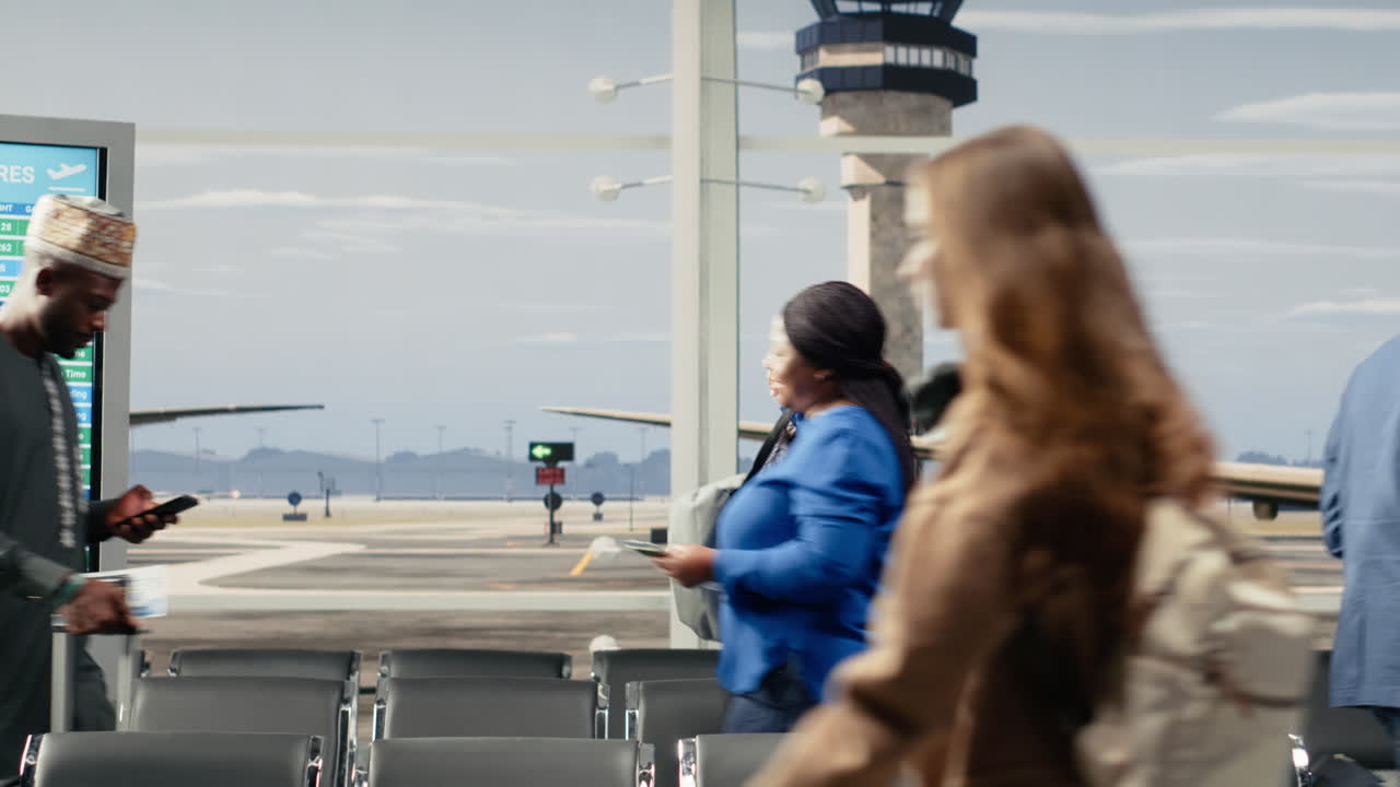 Turistas em trânsito na área de espera de um centro de transporte de aeroporto