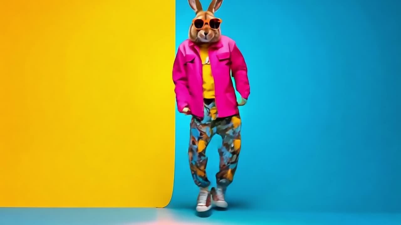 un conejo con una chaqueta rosa y gafas de sol de pie frente a un fondo azul y amarillo