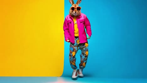 a rabbit wearing a pink jacket and sunglasses standing in front of a blue and yellow background