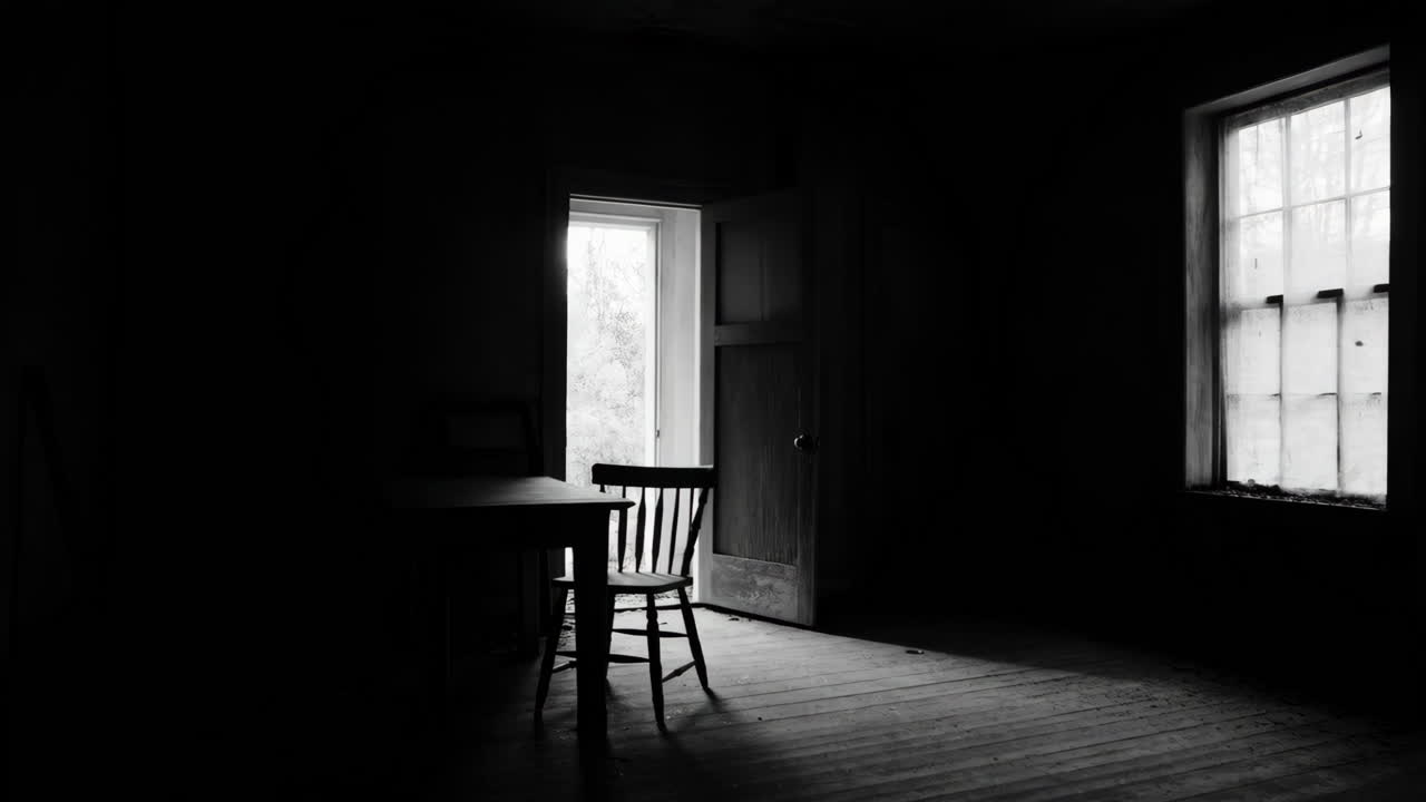 A Dark and Empty Room with Chair and Table