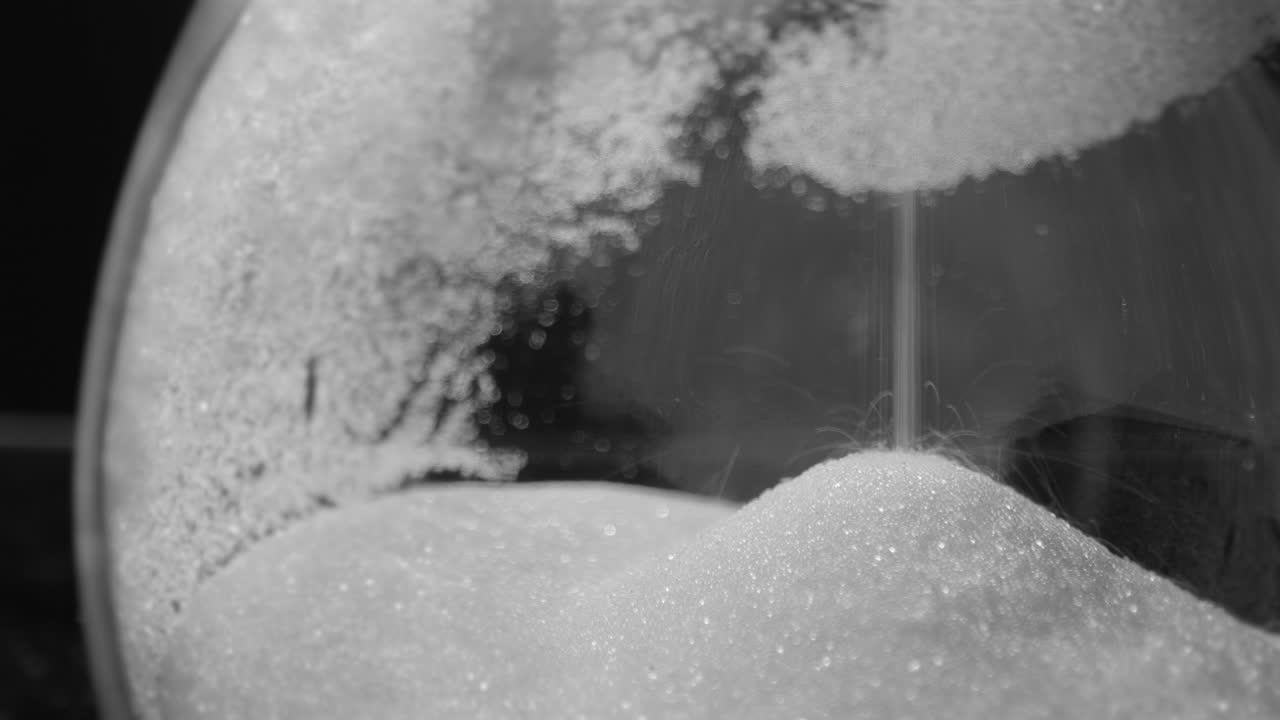 모래 시계의 유리 불에 떨어지는 모래의 매크로 클로즈업 뷰, 불포화