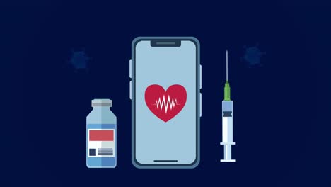 partículas del virus covid-19 con corazón en teléfonos inteligentes y vacunas
