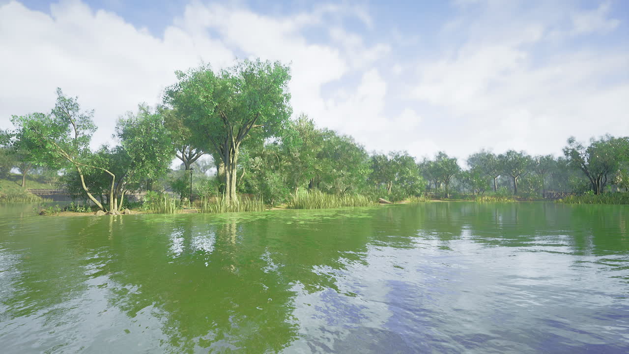 Peaceful lakeside view displaying lush greenery on a clear day