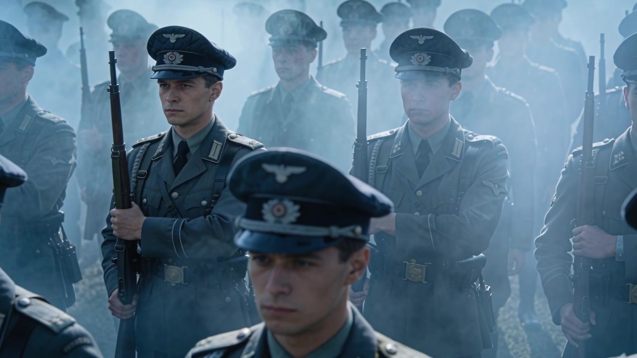 Camera moving closer centering rifleman holding bolt-action rifle, tunic at field, smoke thickening