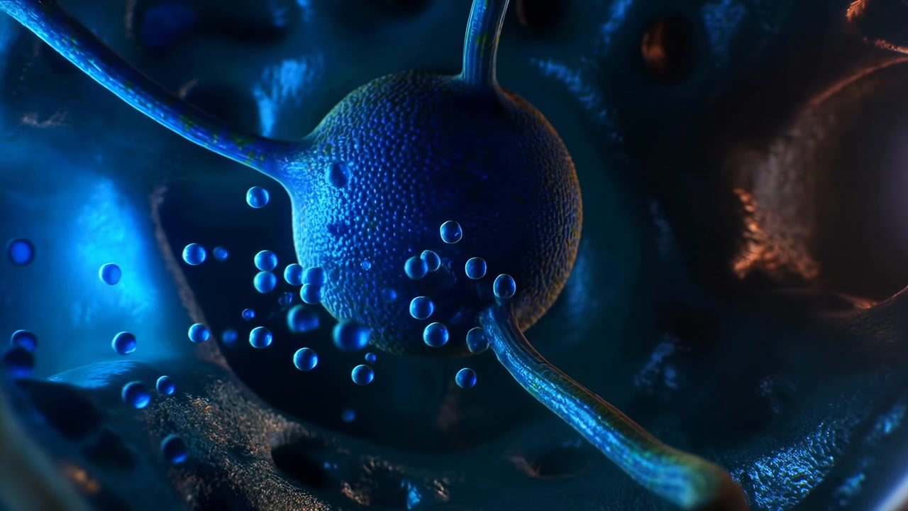 Primo piano astratto di forme organiche blu lucide con bolle fluttuanti e una luce arancione calda sulla destra, su uno sfondo scuro e suggestivo con superfici lisce