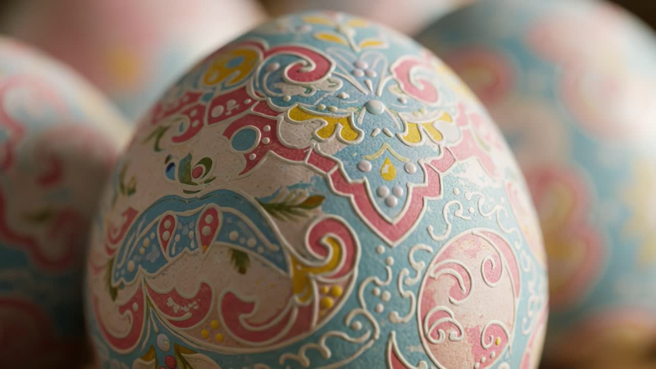 Primo piano di uova di Pasqua decorate con cura, con motivi intricati e colori vivaci in un ambiente naturale e delicato