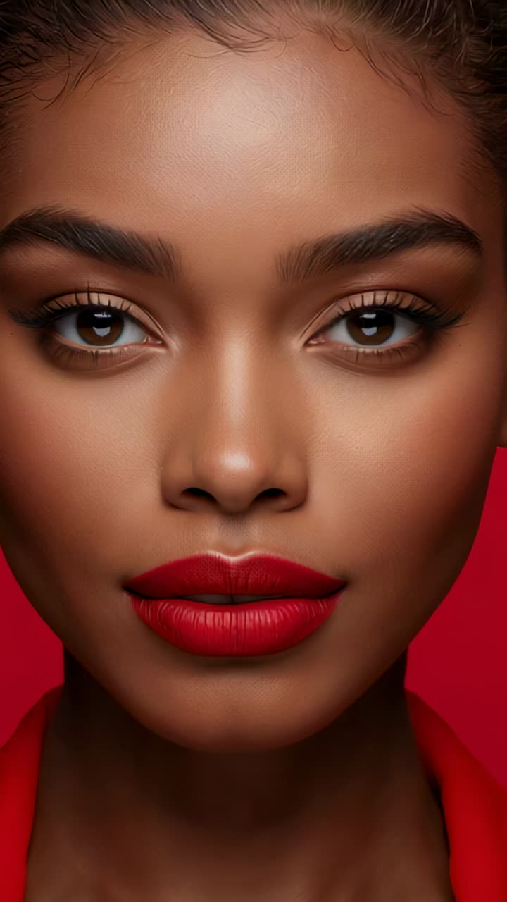 Vertical video: Smiling after cue model showing smile in studio for beauty ad with red lips and top