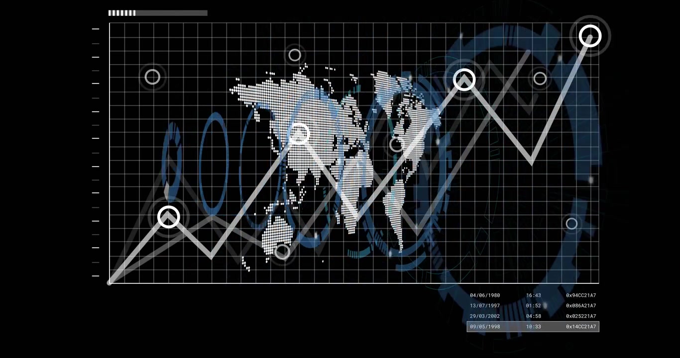 Bar filling dotted map appearing line graph growing nodes pulsing HUD helix aligning showing tech