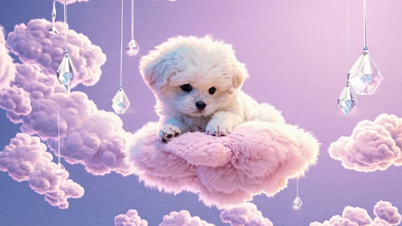 A dreamy video concept featuring a fluffy puppy on a pink cloud. Shot from a low angle