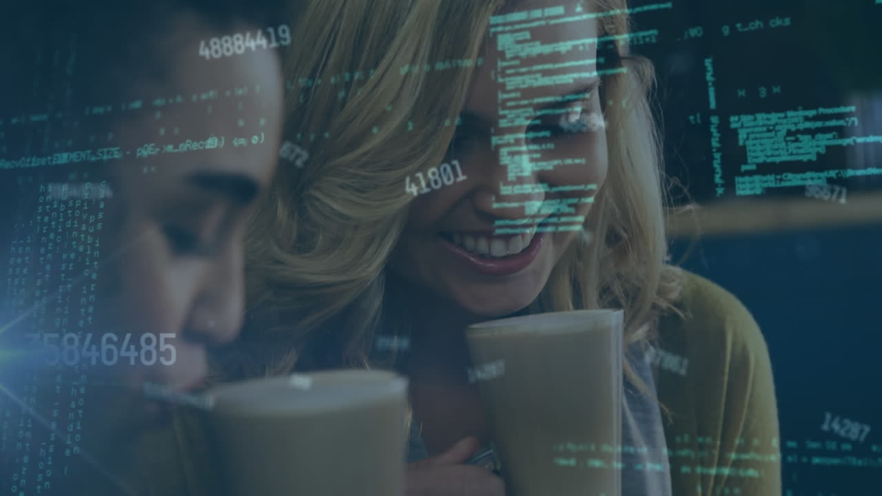 Animation of changing numbers and computer language over diverse female friends drinking coffee