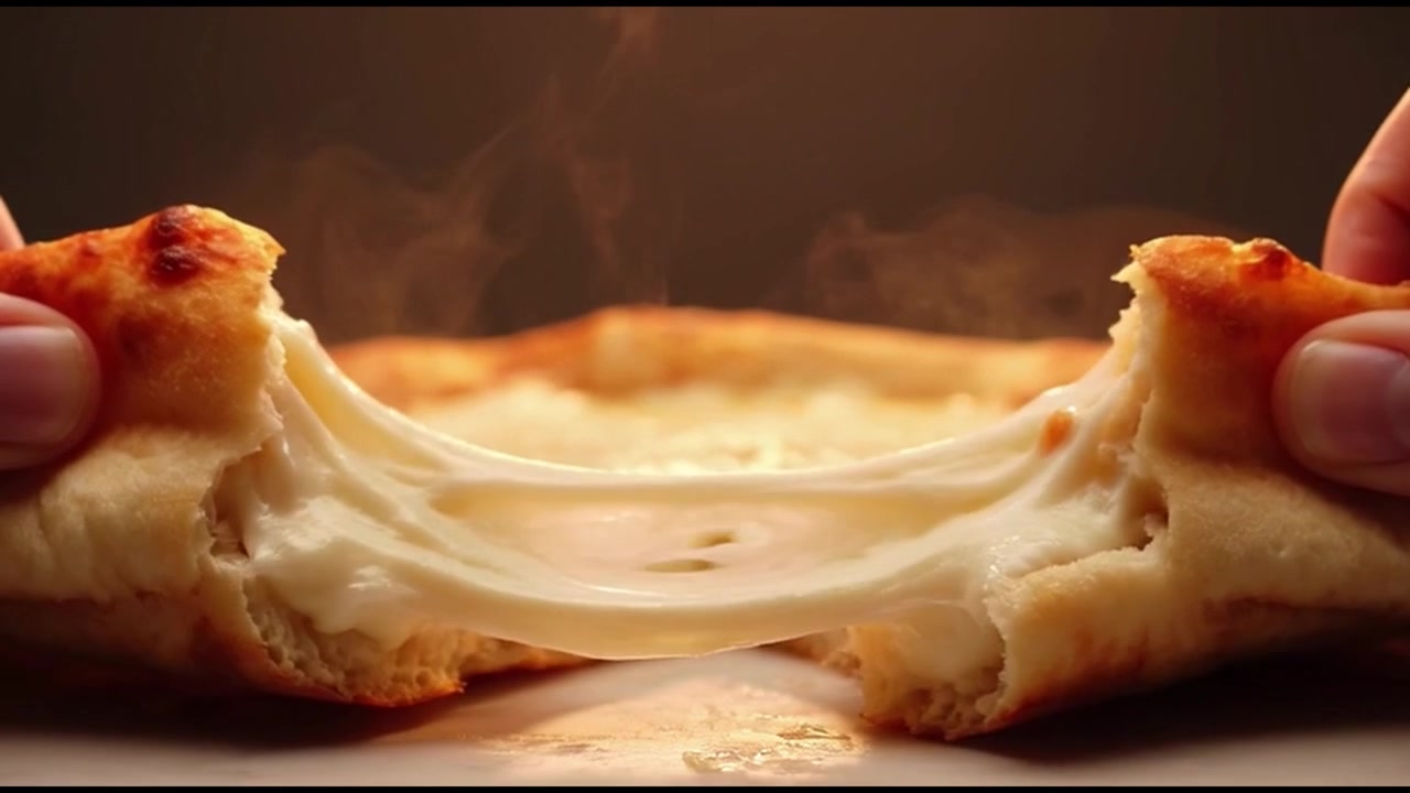 Mani che dividono una pizza calda e fresca con formaggio fuso filante.