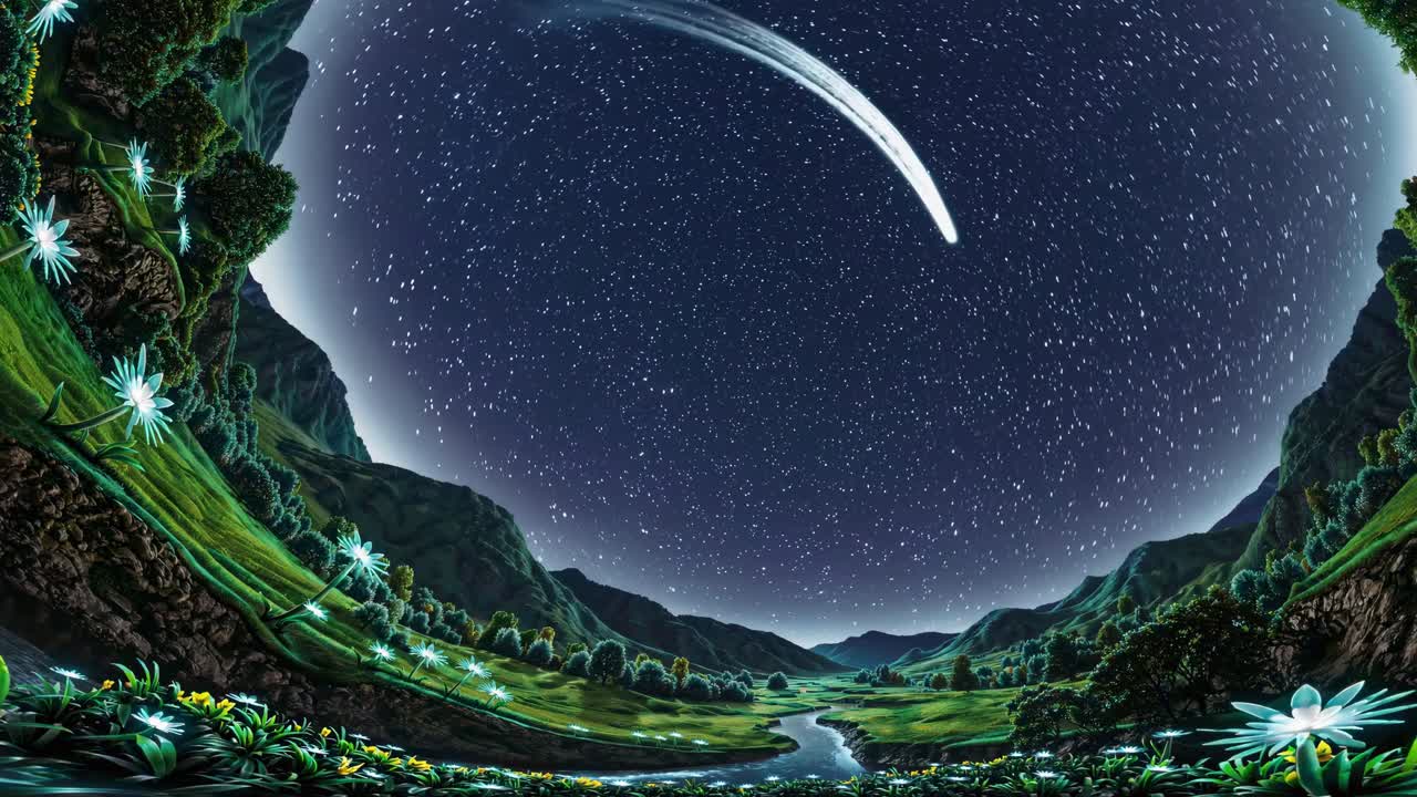 el cielo nocturno sobre un valle mágico