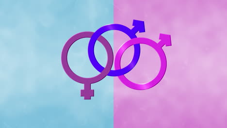 animation of bisexual symbol, purple and pink female and two male gender symbols on pink and blue