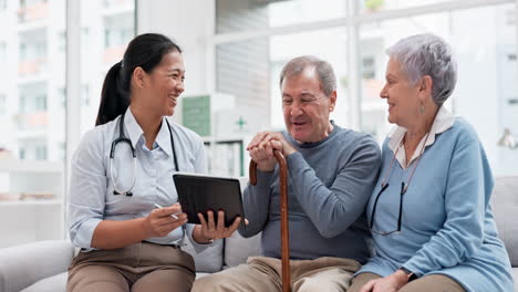 healthcare, doctor tablet and senior couple