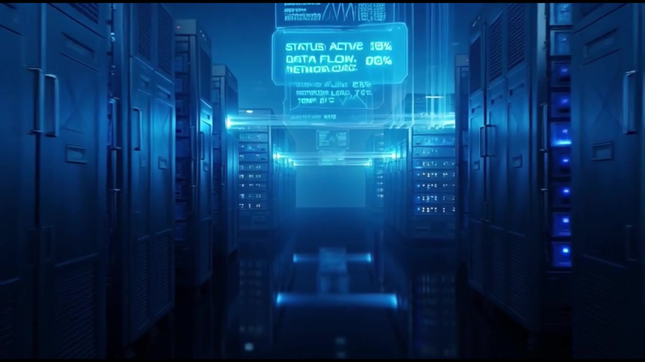 Futuristic Data Center Server Room with Digital Information Displays