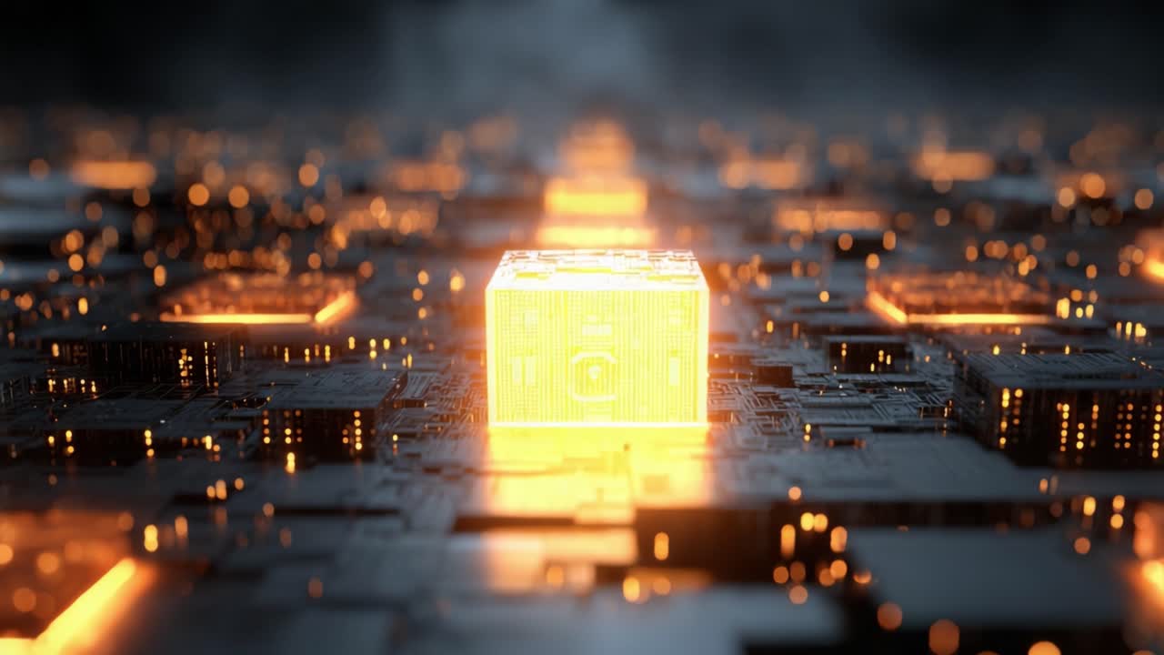 Futuristic CPU glowing orange on a complex motherboard, symbolizing advanced computing, AI and high speed data flow across circuits, semiconductor connections and networks