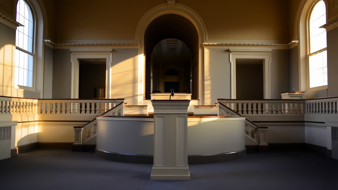 An empty lecture hall or courtroom with a prominent podium, bathed in sunlight