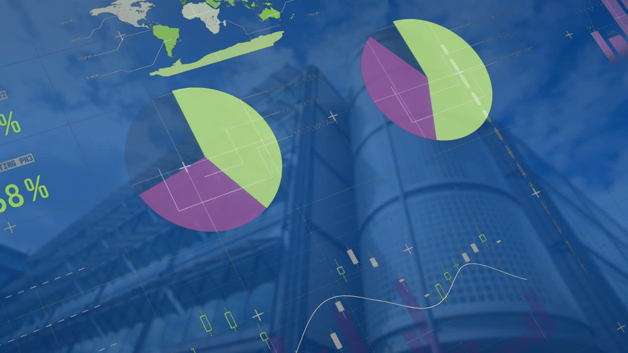 animación de estadísticas y procesamiento de datos financieros en edificios modernos