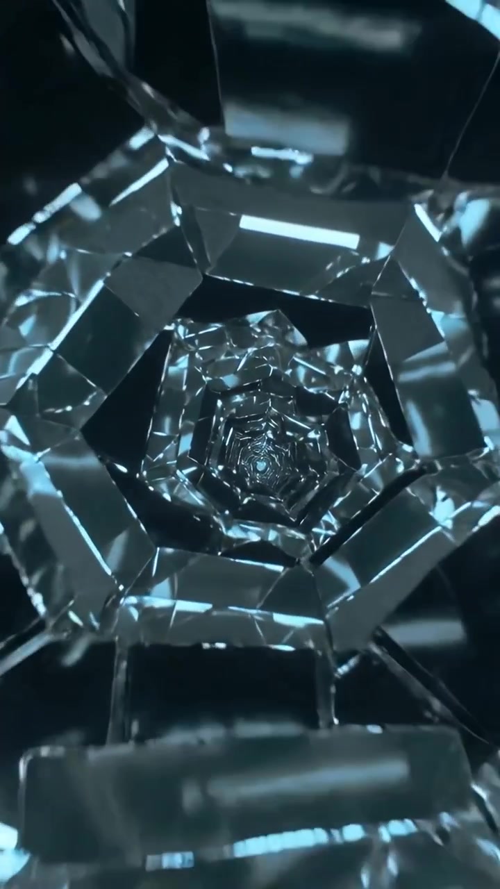Vertical video: Moving camera revealing nested hex tunnel in dark corridor, exposing light bars