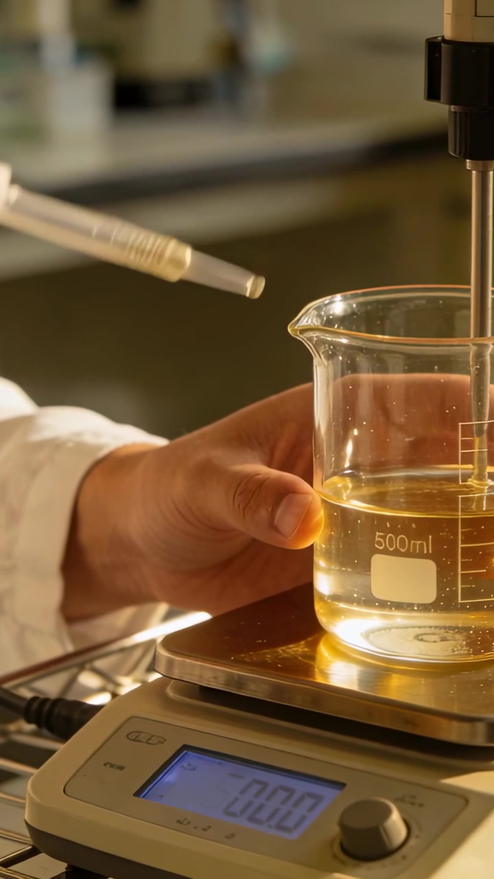 Video verticale: Leggendo il display della bilancia, un tecnico in camice da laboratorio tiene un becher e pipetta gocce vicino a una sonda.
