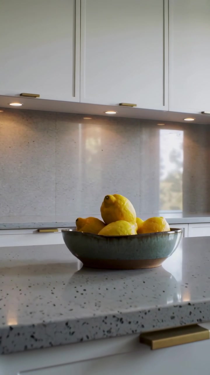 Video verticale: Telecamera che si inclina rivelando una ciotola di limoni su un bancone di quarzo ed esponendo armadietti in ottone.