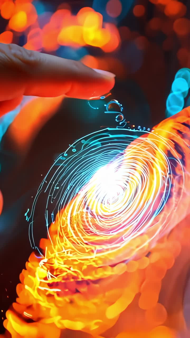 A hand pointing at a glowing screen with a red background. Concept of excitement and curiosity as the viewer is drawn to the glowing screen