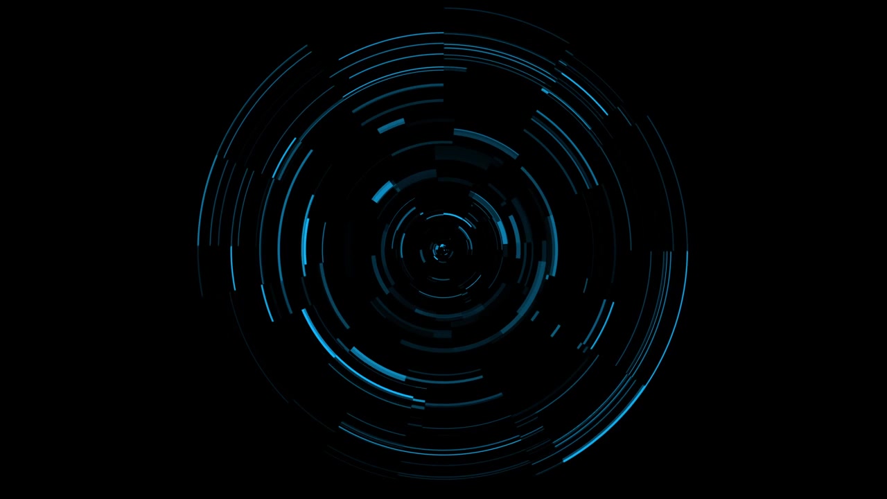 Abstract blue concentric arcs and lines rotate on black background. Seamless loop for technology, data loading screen, or futuristic HUD element. Sci-fi portal or clock-like motion graphic